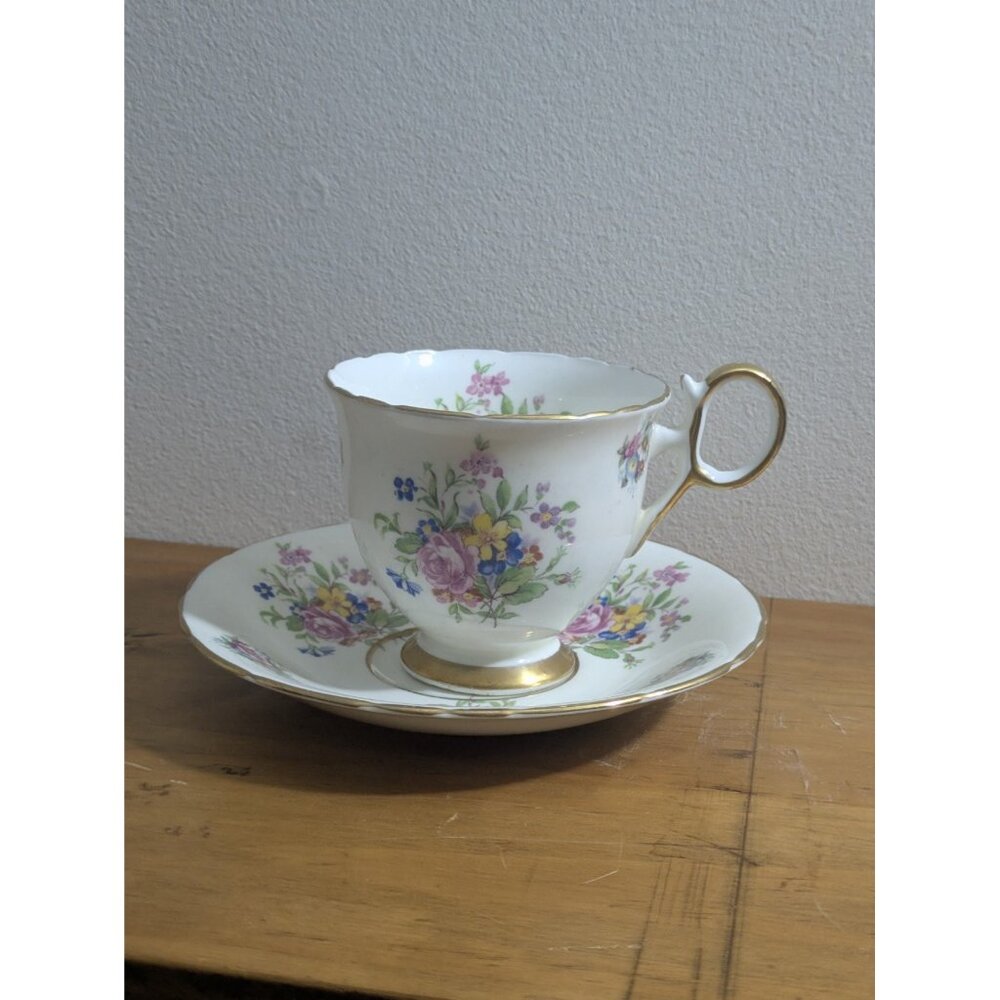 Delphine Bone China Floral Tea Cup & Saucer Set England Gold Trim Vintage